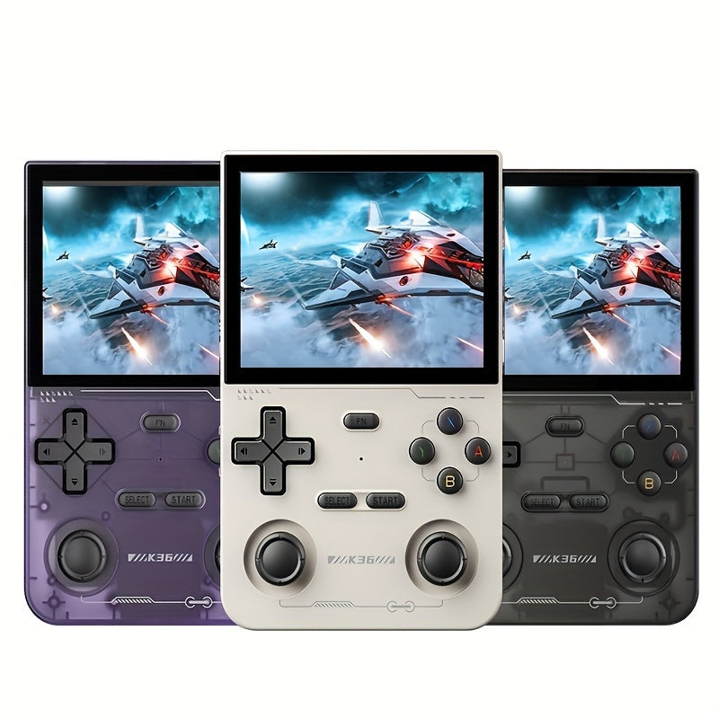 Open-source portable gaming console with long battery life, 3.5-inch HD screen, 64GB TF card, OTG adapter, USB charging cable, and multi-language support.