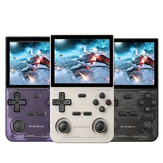 Open-source portable gaming console with long battery life, 3.5-inch HD screen, 64GB TF card, OTG adapter, USB charging cable, and multi-language support.