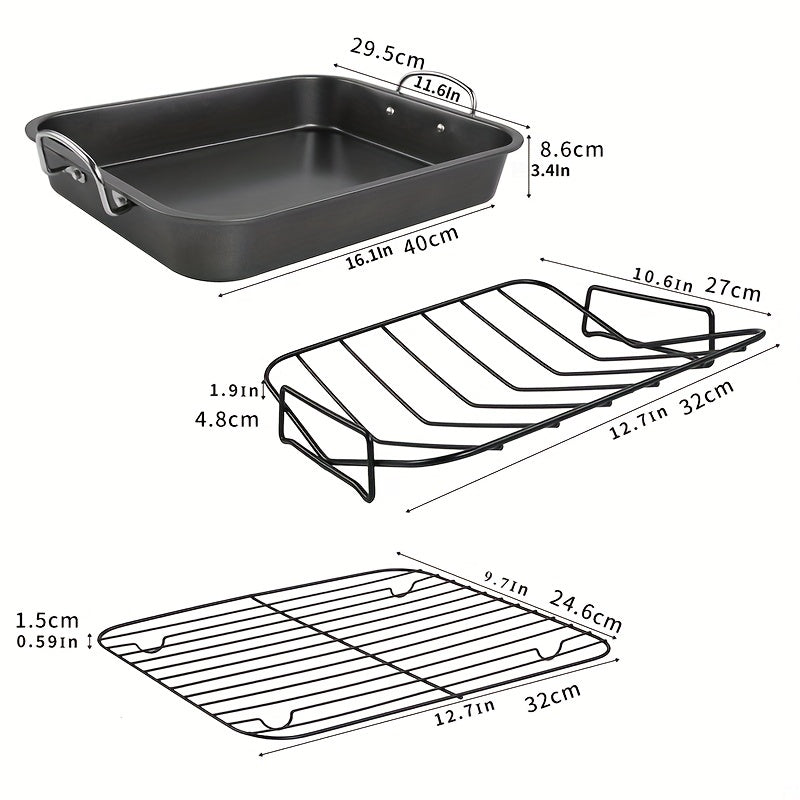 Non-stick baking pan with rack, 40cm rectangular grill perfect for turkey, roasted chicken, and ham. Includes 1 baking pan and 2 grills.