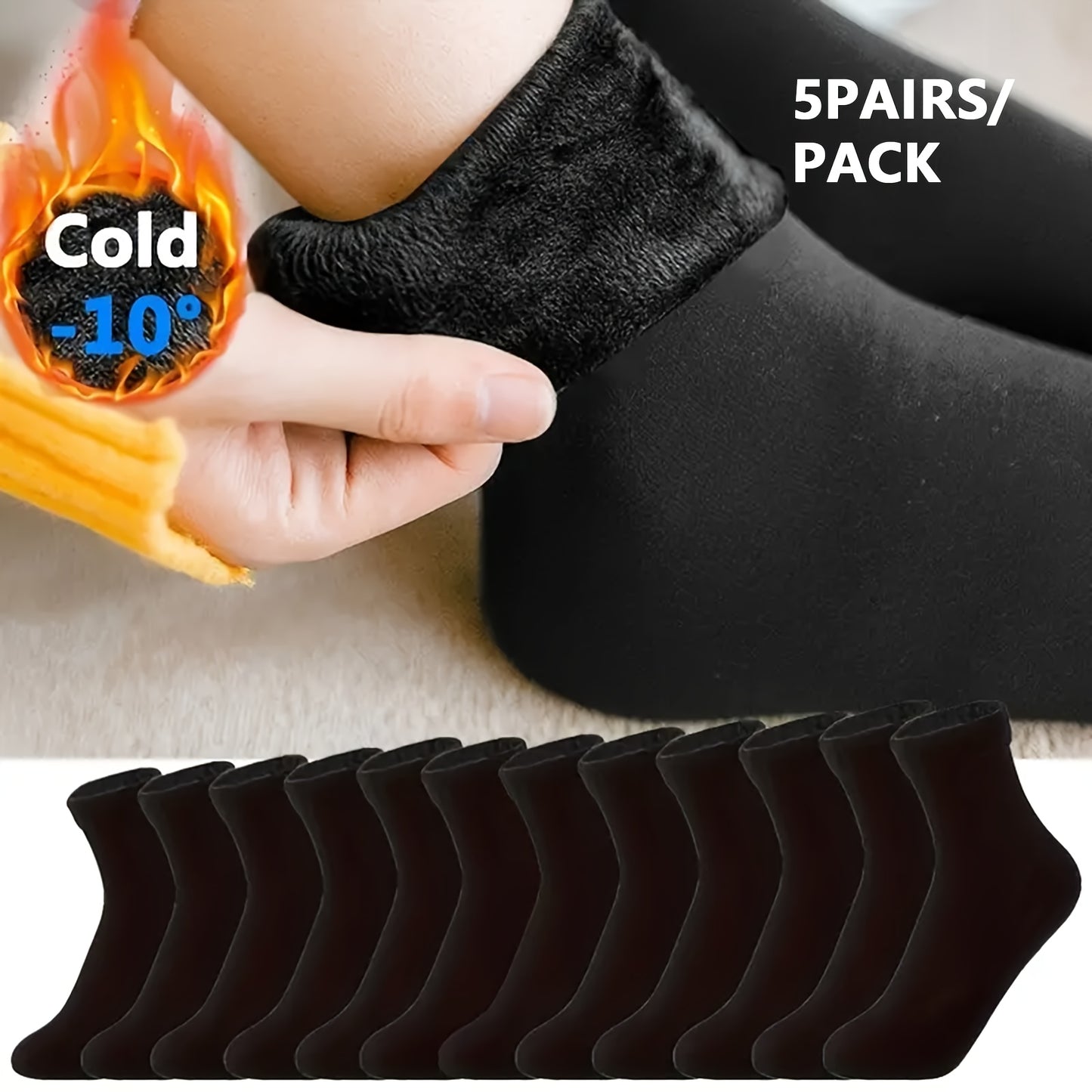 5 pairs of unisex thermal socks, ultra-warm with soft, breathable, and elastic mid-calf design in solid colors for cold weather.