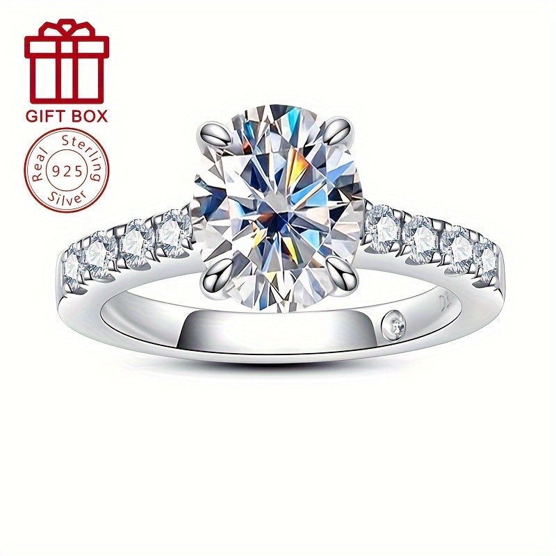 Elegant 3CT Oval Moissanite Anniversary Ring for Her, 925 Sterling Silver with 14K Gold Plating. Features 4-Prong Setting, 0.03CTx9 Side Stones. Perfect for Daily Wear, Engagement, or as a Mother's Day Gift. Represents Eternal Promise and Simple