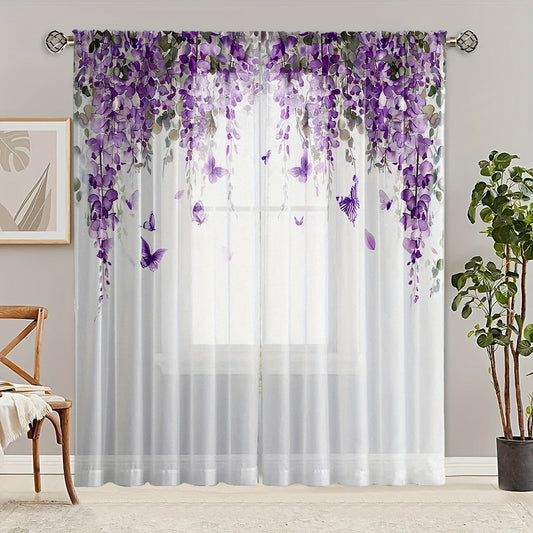 Set of 2 Beautiful Wisteria Floral Print Sheer Curtains - High Definition Digital Design, Luxurious Polyester Microfiber Material, Convenient Rod Pocket Style for Living Room & Bedroom, Simple to Hang and Machine Washable