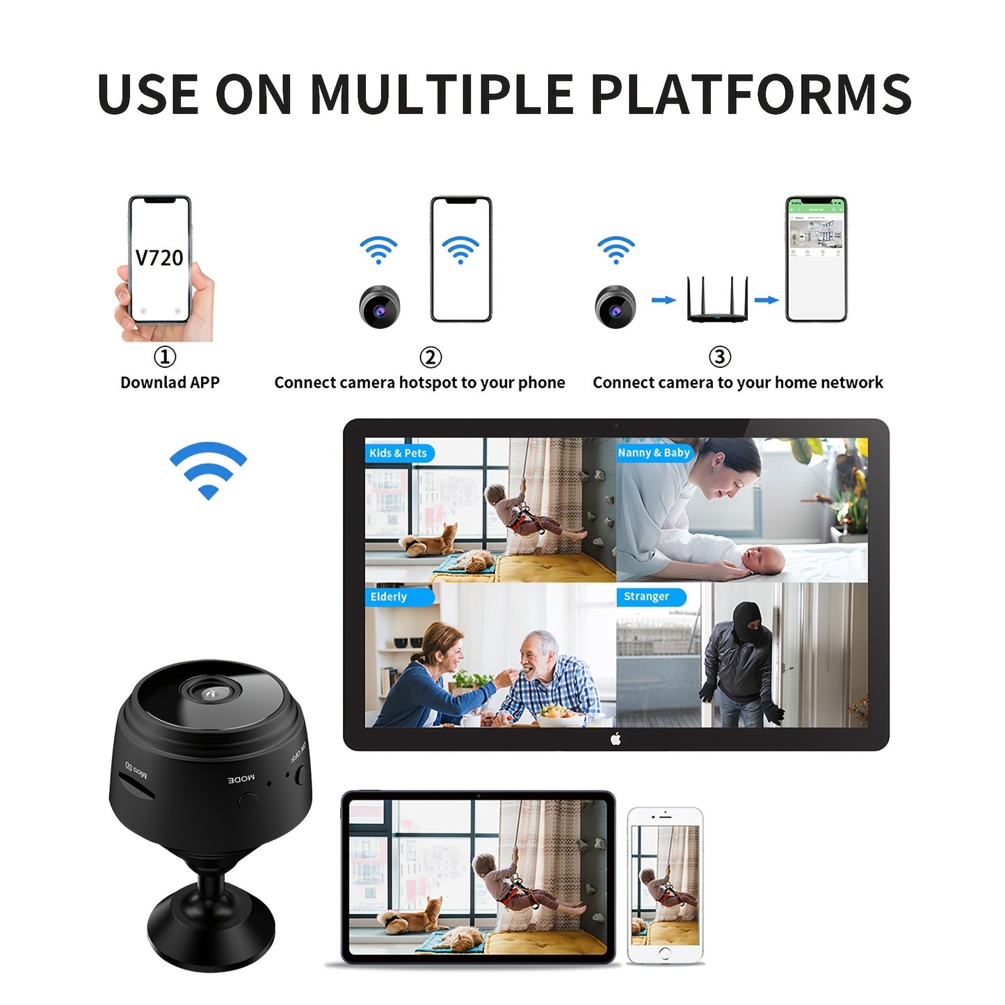 Mini wireless security camera with WiFi, app control, rechargeable battery, not waterproof, compatible with home assistant.