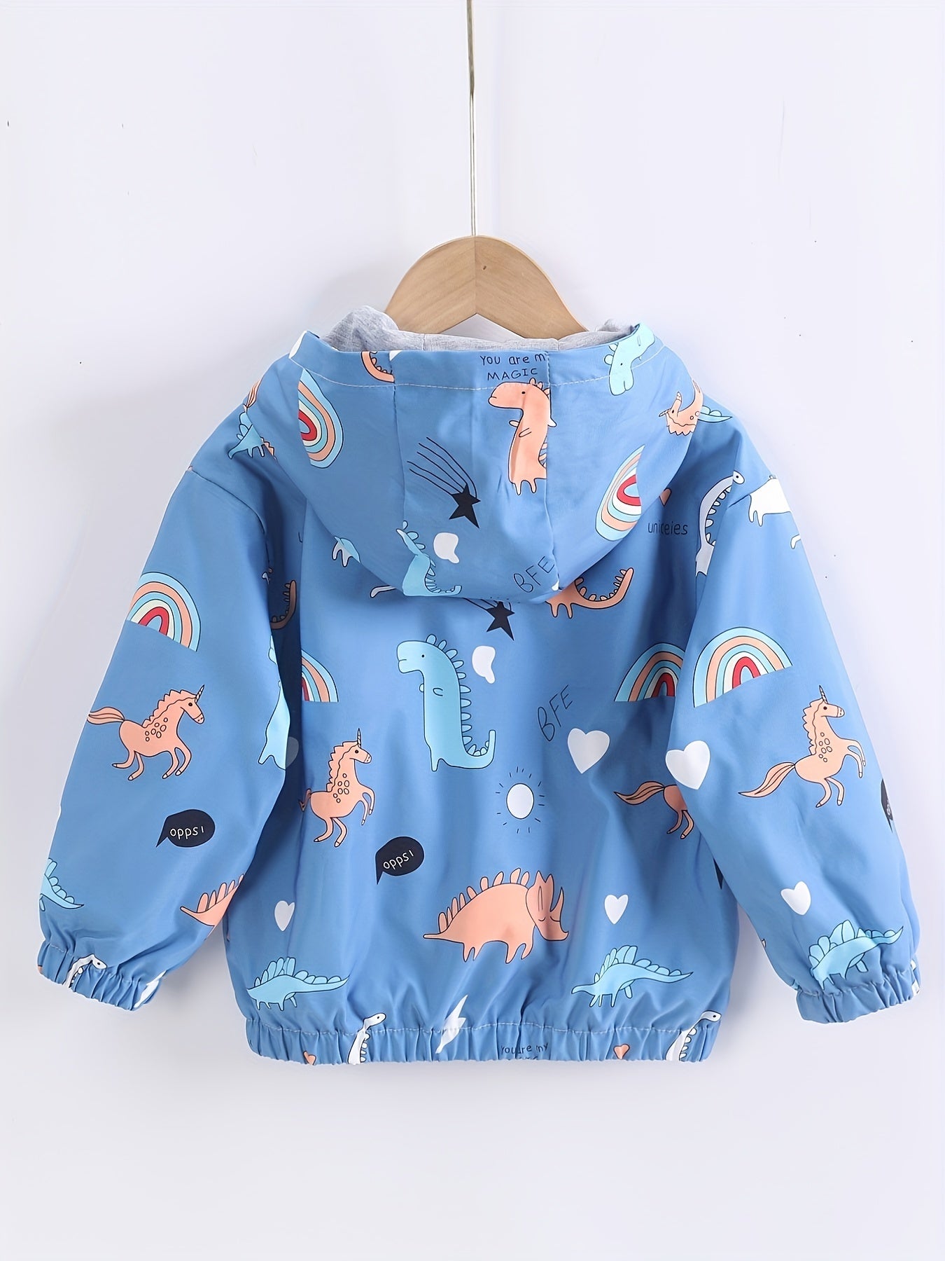 Boys hooded jacket with cartoon dinosaur and rainbow print, featuring long sleeves and zip-up closure, suitable for outdoor activities.