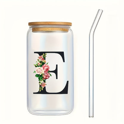 Alphabet flowers drinking glass with bamboo lid and straw, ideal birthday gift for women, friends, girls. 16 oz coffee glass, perfect for moms.