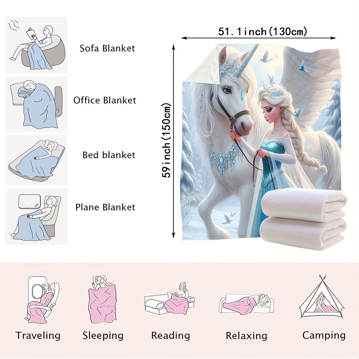 High-necked Unicorn Snow And Ice Art Blanket - versatile for use as a carpet, bed blanket, towel quilt, nap blanket, casual blanket, travel blanket, or throw blanket.