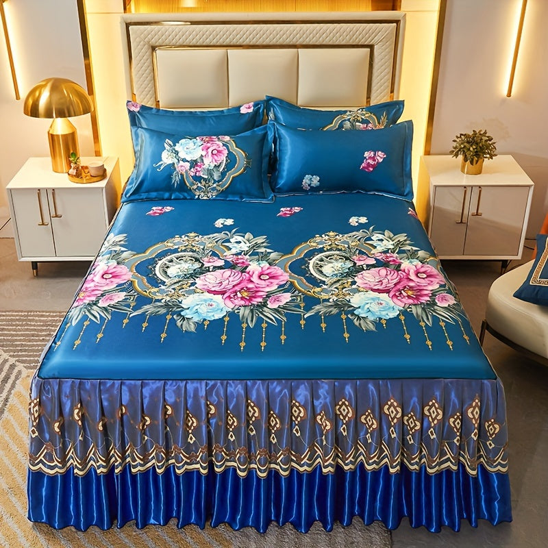 Jacquard Bed Skirt Set with Pillowcases, featuring a charming Lace Hem and Floral Pattern. Made of Soft and Comfortable 100% Polyester, this set is machine washable for easy care. Available in Contemporary Style with a Woven Fabric design, weighing 120g.