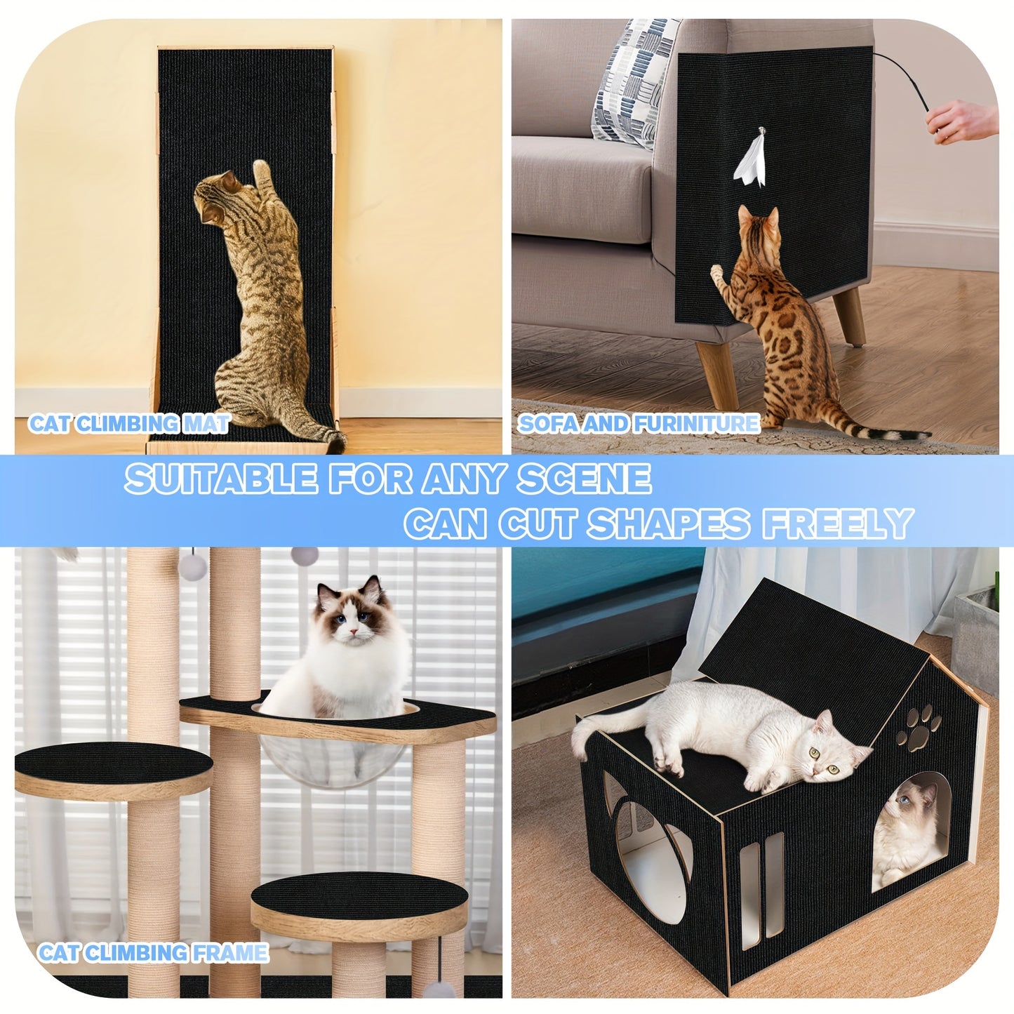 Durable cat scratching mat made of long-lasting polyester, easy to install and customizable for furniture protection and claw care.