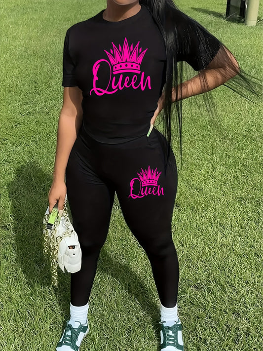 Women's activewear set with a queen crown graphic, stretchy polyester blend, machine washable, crew neck tee and long pants.