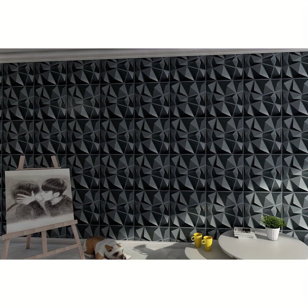 10 pieces of 30x30cm 3DPVC wall board with new diamond texture design, water and flame resistant, easy to clean. Ideal for TV background wall, bedroom, and living room decoration.