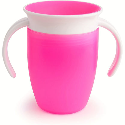 Pink and white leak-proof training cup with easy-grip handles for young children. Made of durable, lightweight silicone and is handwash recommended.