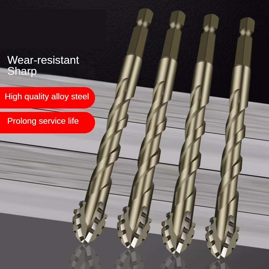 Carbide 4-Teeth Sawtooth Offset Drill Bit for Ceramic Tile, Cast Iron, Concrete, with Ceramic Buster for Precision Positioning, Hex Shank.