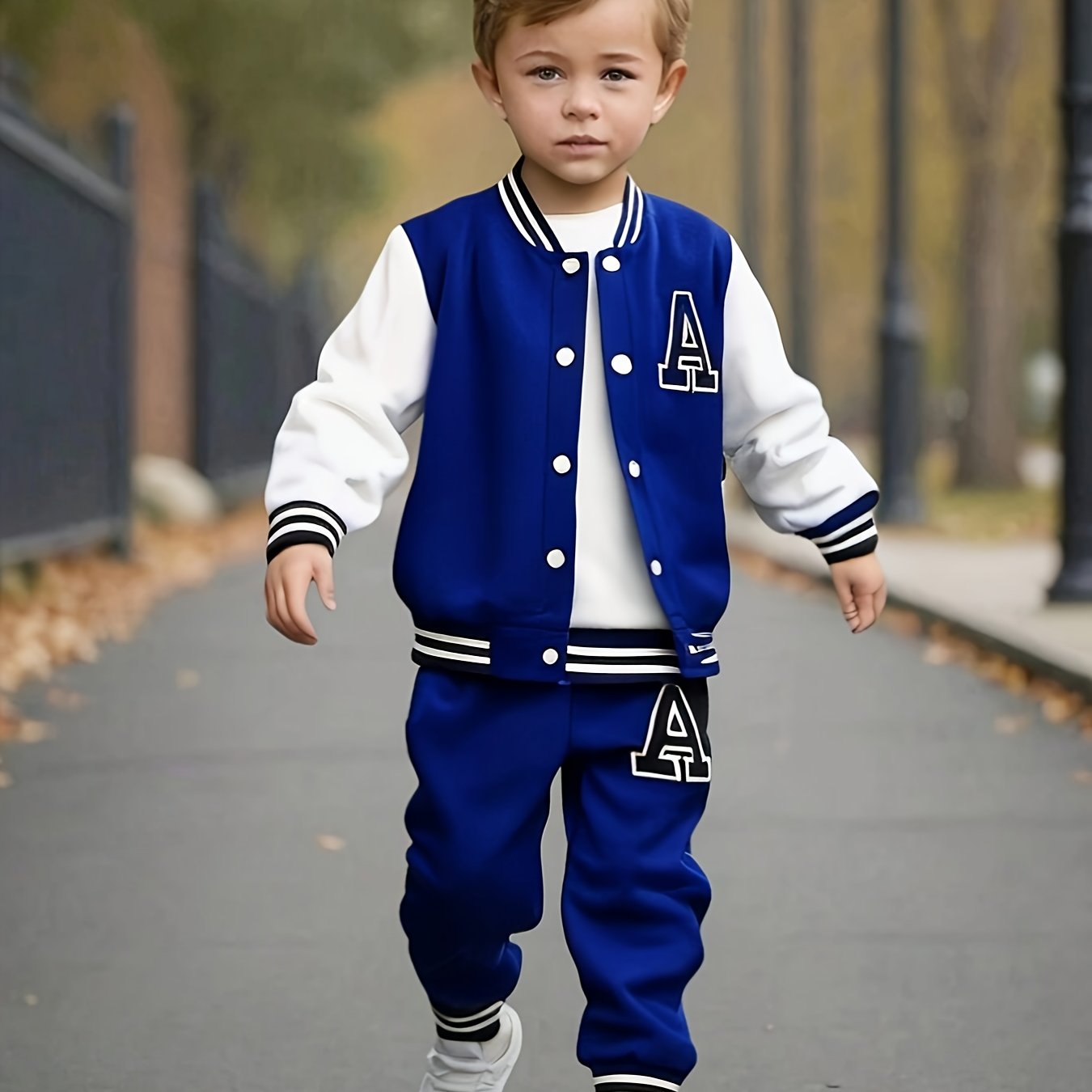 Boys' Matching fall/winter baseball suit in polyester knit, Alphabet print, Regular fit with button detail, for outdoor wear.