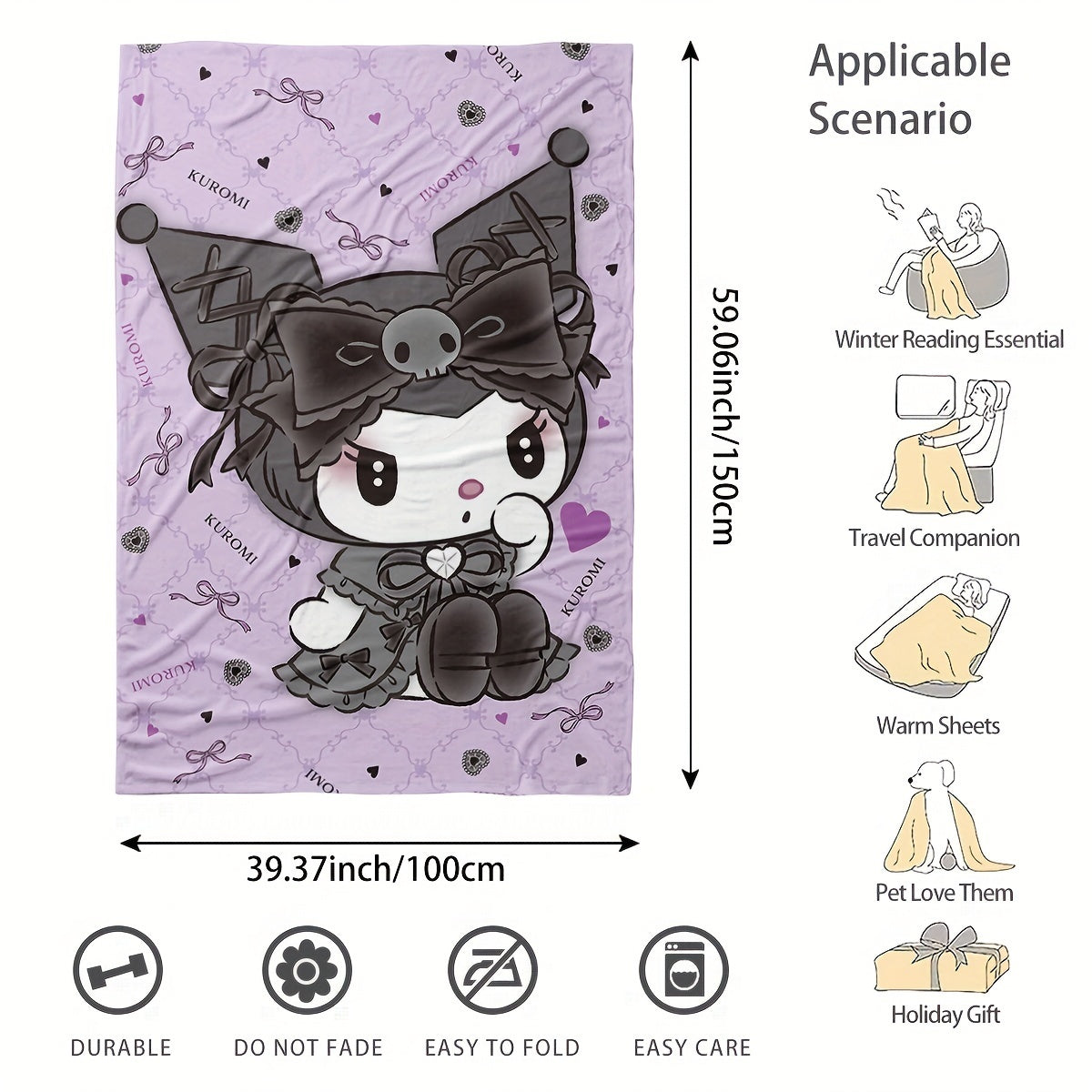 Get cozy with the Sanrio Kuromi Flannel Fleece Blanket featuring a vibrant digital print cartoon pattern. This all-season multipurpose throw is perfect for the living room, bedroom, camping, or travel. Made of 100% polyester, this blanket weighs