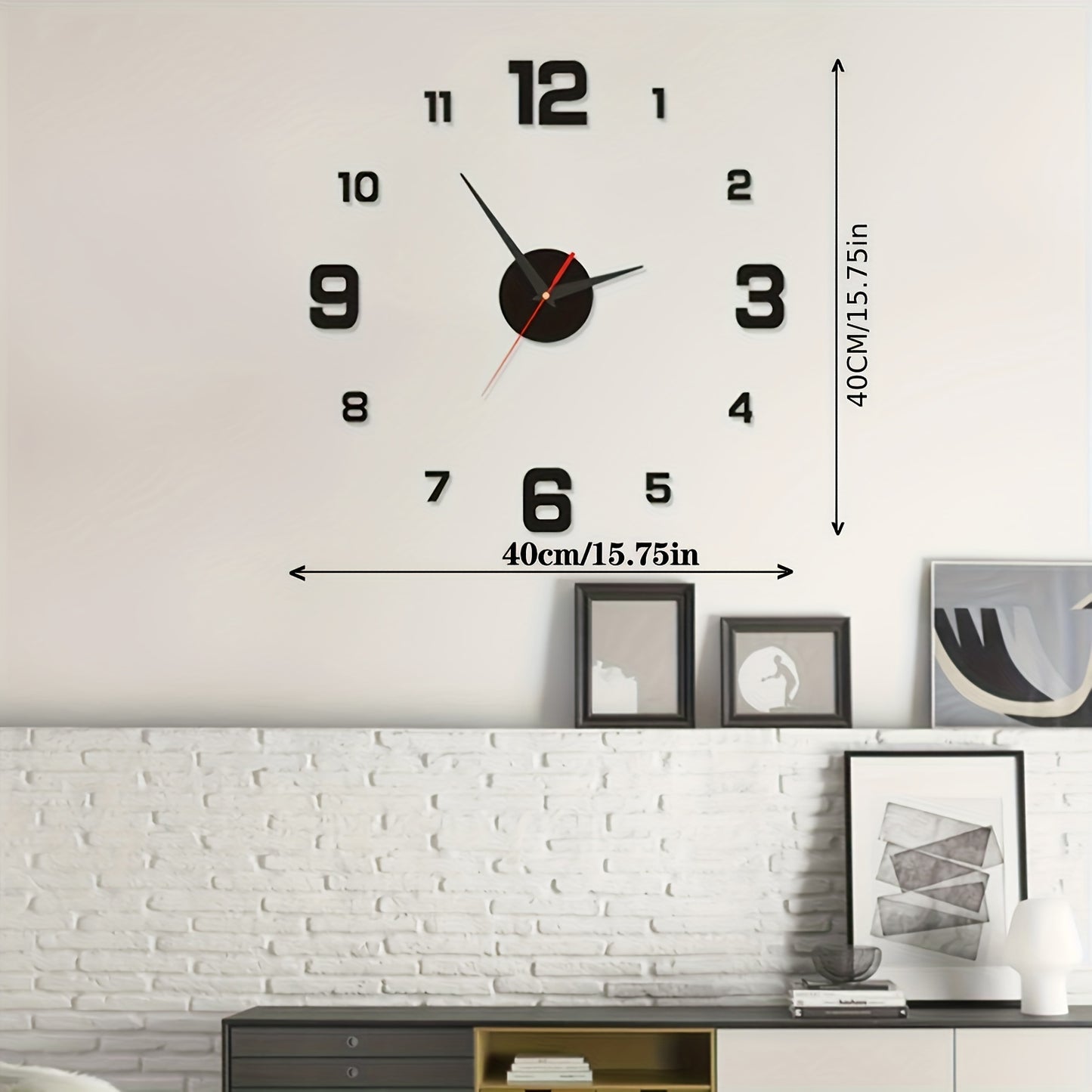 Modern minimalist wall clock with large black numbers, acrylic mirror design for living room or bedroom. Self-adhesive, battery operated (AA not included), 40x40cm.