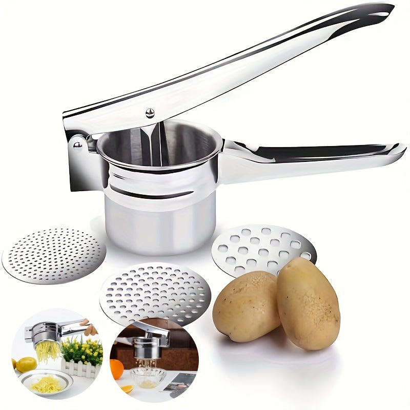 Stainless Steel 3-in-1 Potato Puree Press and Lemon Juicer with Non-Slip Handle - Multi-Function Kitchen Tool for Mashing Potatoes, Juicing Lemons, and Crushing Vegetables