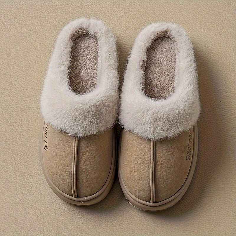 Cozy winter plush slippers for men and women with soft fabric lining, non-slip sole, machine washable. Available in beige and gray with white fur trim. Perfect for indoor comfort.