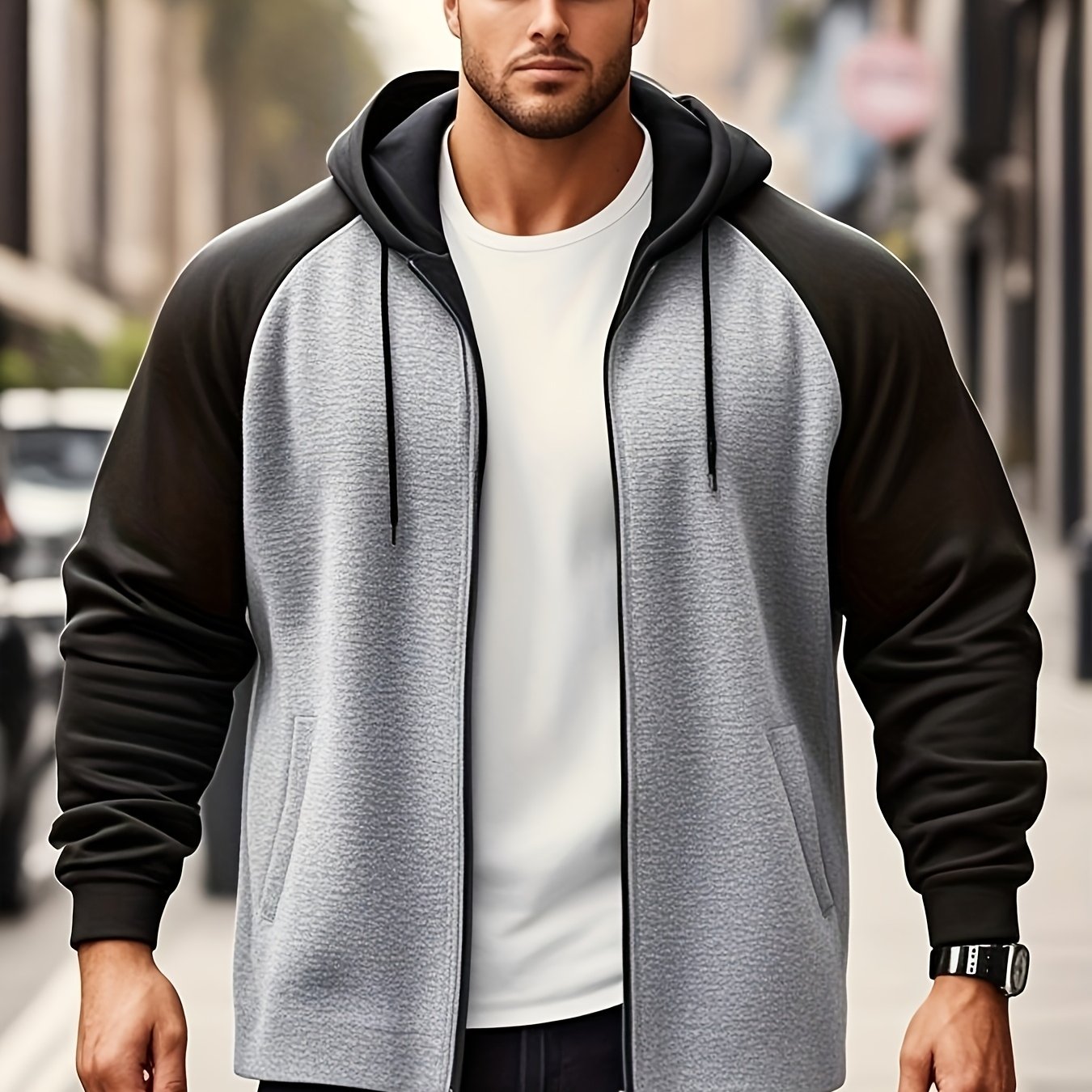 Men's Plus Size Color Block Hoodie with Kangaroo Pocket - Casual Streetwear, Machine Washable, Polyester - Ideal Family Gift