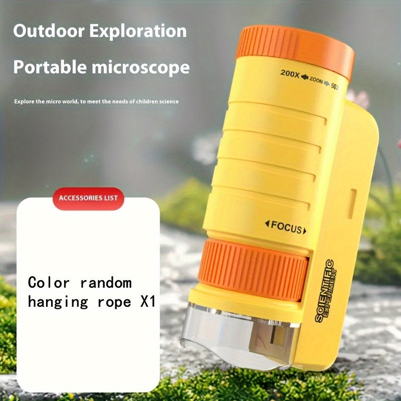 Portable handheld mini microscope with LED light for kids, 60X-200X magnification, PVC material, ideal holiday gift for boys and girls, perfect for back-to-school science toy in