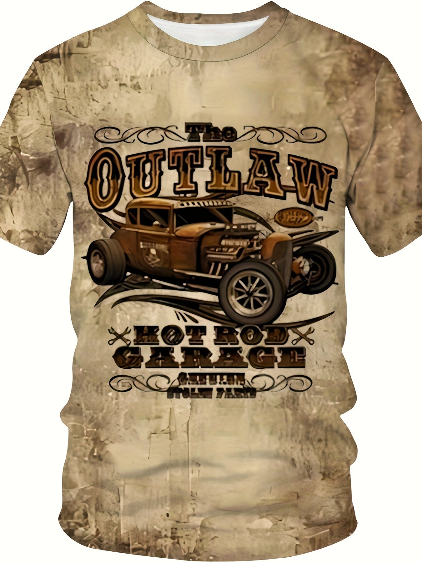 Plus size men's tee with vintage car print, retro style.