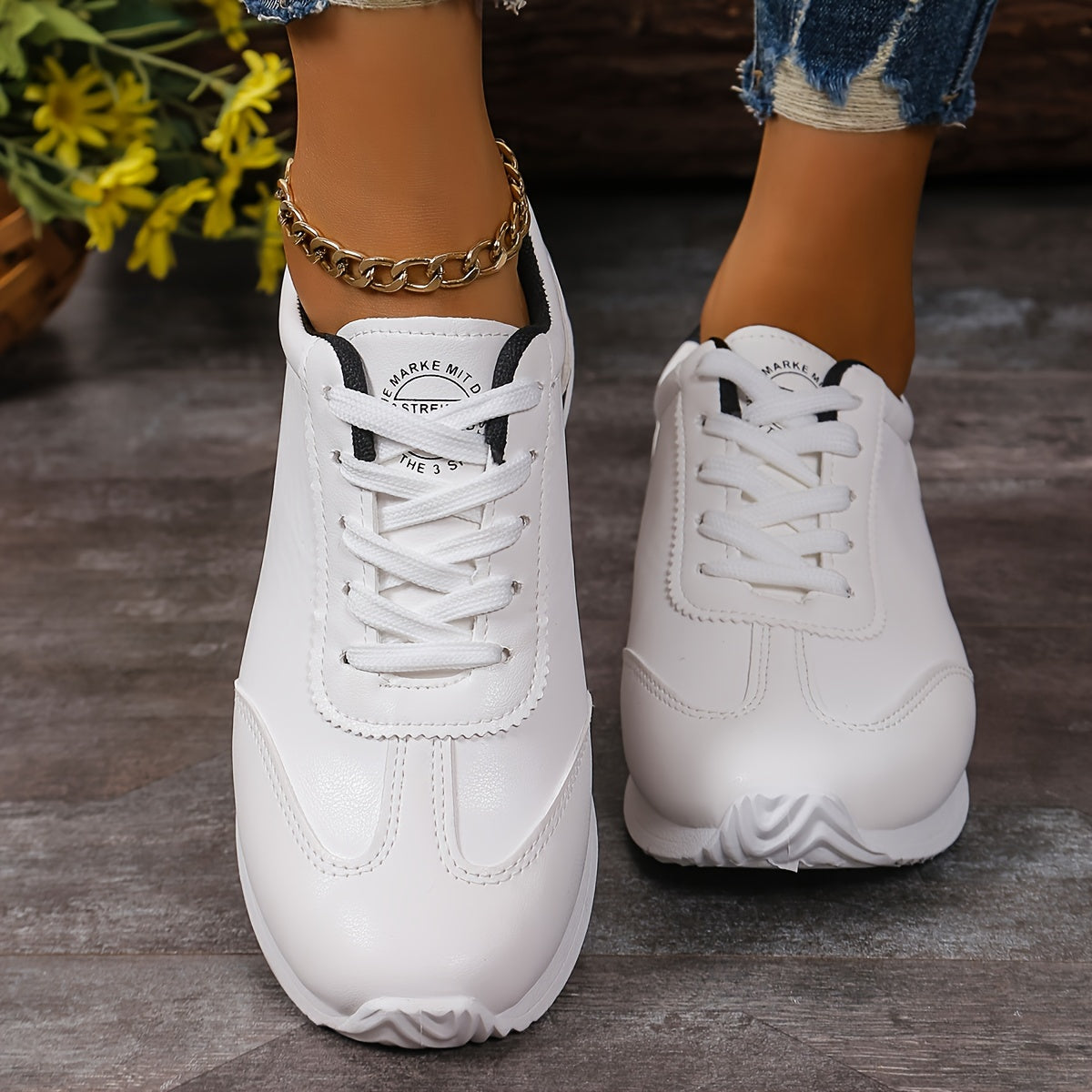 Women's casual sneakers with solid color, lace-up platform, soft sole, and non-slip running trainers.