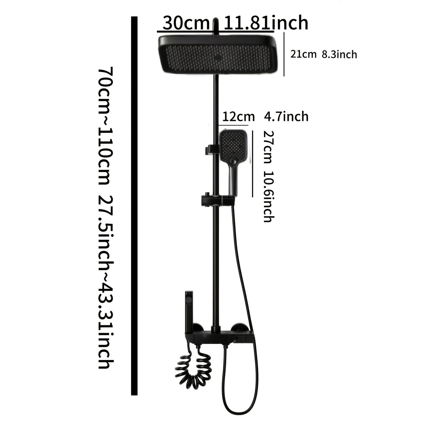 Dual shower set with waterfall faucet, spray gun, 4-in-1 control, adjustable water modes, hot & cold water, and adjustable height.