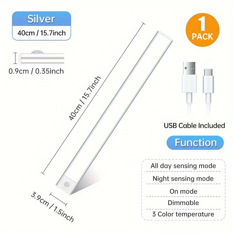 Sleek Motion Sensor LED Cabinet Light: Wireless, rechargeable with magnetic easy-install. Adjustable brightness for kitchen, bedroom, hallway, and staircase. Available in sizes: 19.81cm, 29.97cm, 15.7".