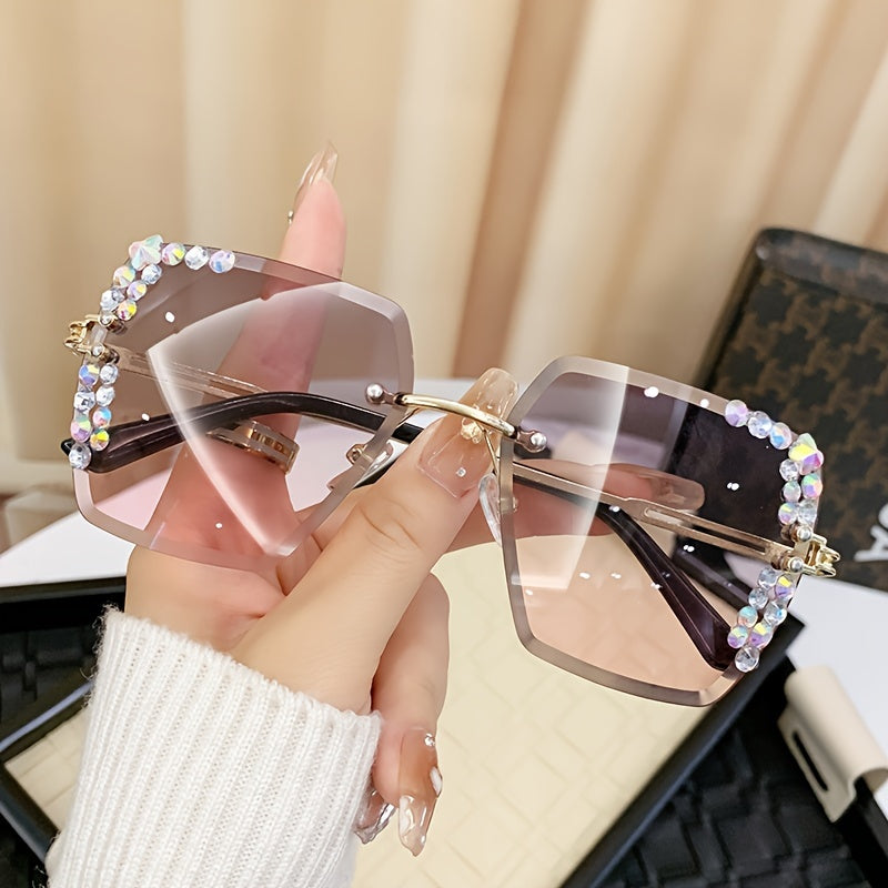 2 rhinestone rimless fashion glasses for women with gradient lenses, metal frames, and casual yet fashionable design.