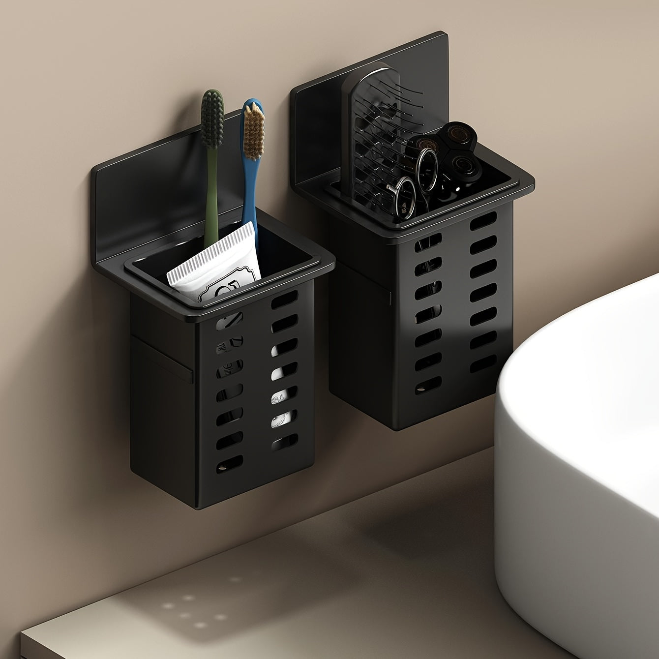 Wall-mounted bathroom organizer made of black, mold-resistant plastic for cosmetics and shower essentials with no-drill installation.