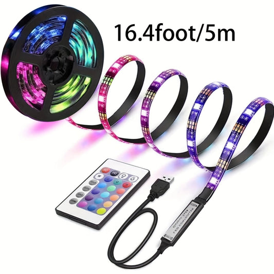 RGB LED Strip Light powered by USB, featuring 15 colors and a remote control. Perfect for adding ambiance to your bedroom, party, kitchen, or home decor. Makes a great gift for Christmas or Halloween.