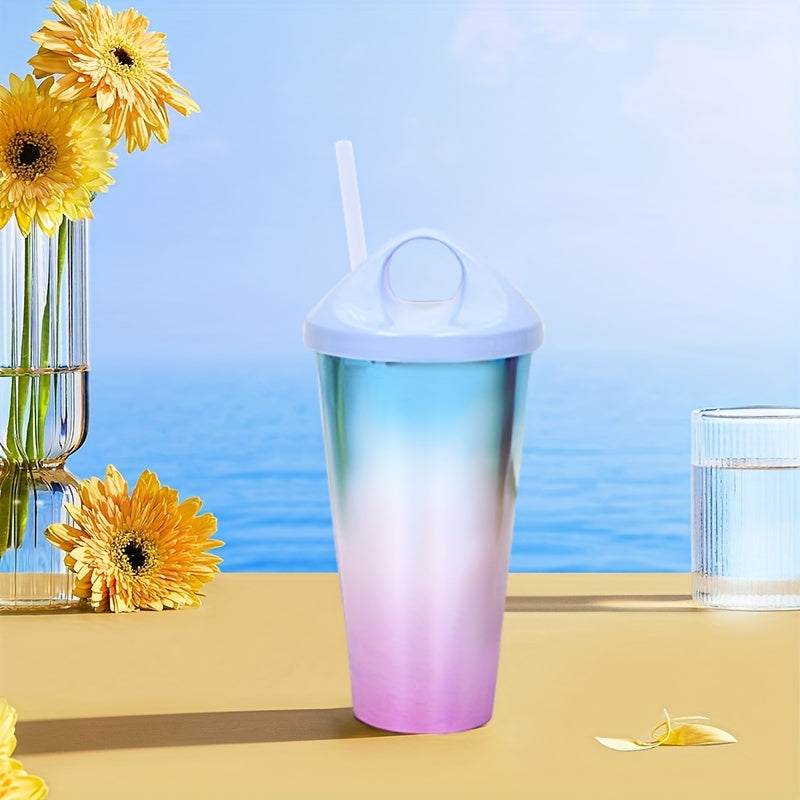 Gradient plastik tumbler qalamcha bilan - sirpanmaydigan, sindirilmaydigan sport shishasi fitnes, sharbat, qahva uchun - maktab, ofis, partiyalar uchun ideal