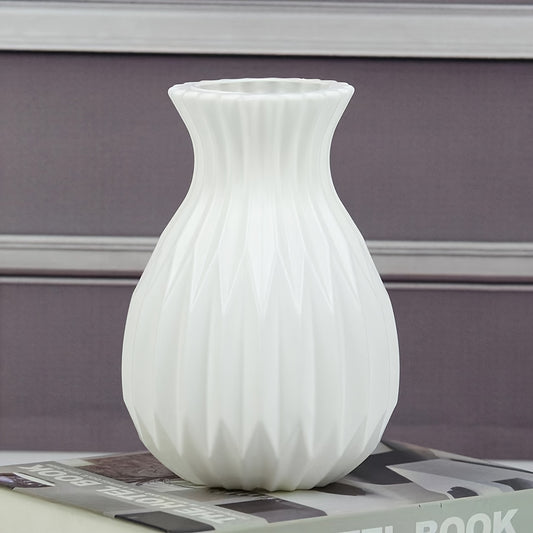 Stylish Nordic-inspired white ceramic vase for dry flowers, ideal for home or cafe decor. Features a round striped design and water-nourishing capabilities. Perfect for flower arrangements in the living room.