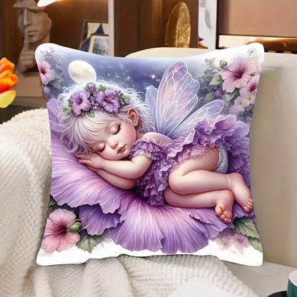 Angel girl plush pillowcase with fairy tale design featuring a sleeping fairy, floral motifs, and starry night sky. Ideal for bedroom or living room decor. Does not include pillow insert. Mystical and soft.