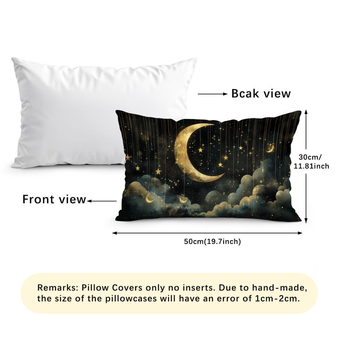 Contemporary starry night moon design throw pillow cover made of 100% polyester woven peach skin velvet, machine washable with zipper closure. 30x50cm size with decorative cushion case for any room.