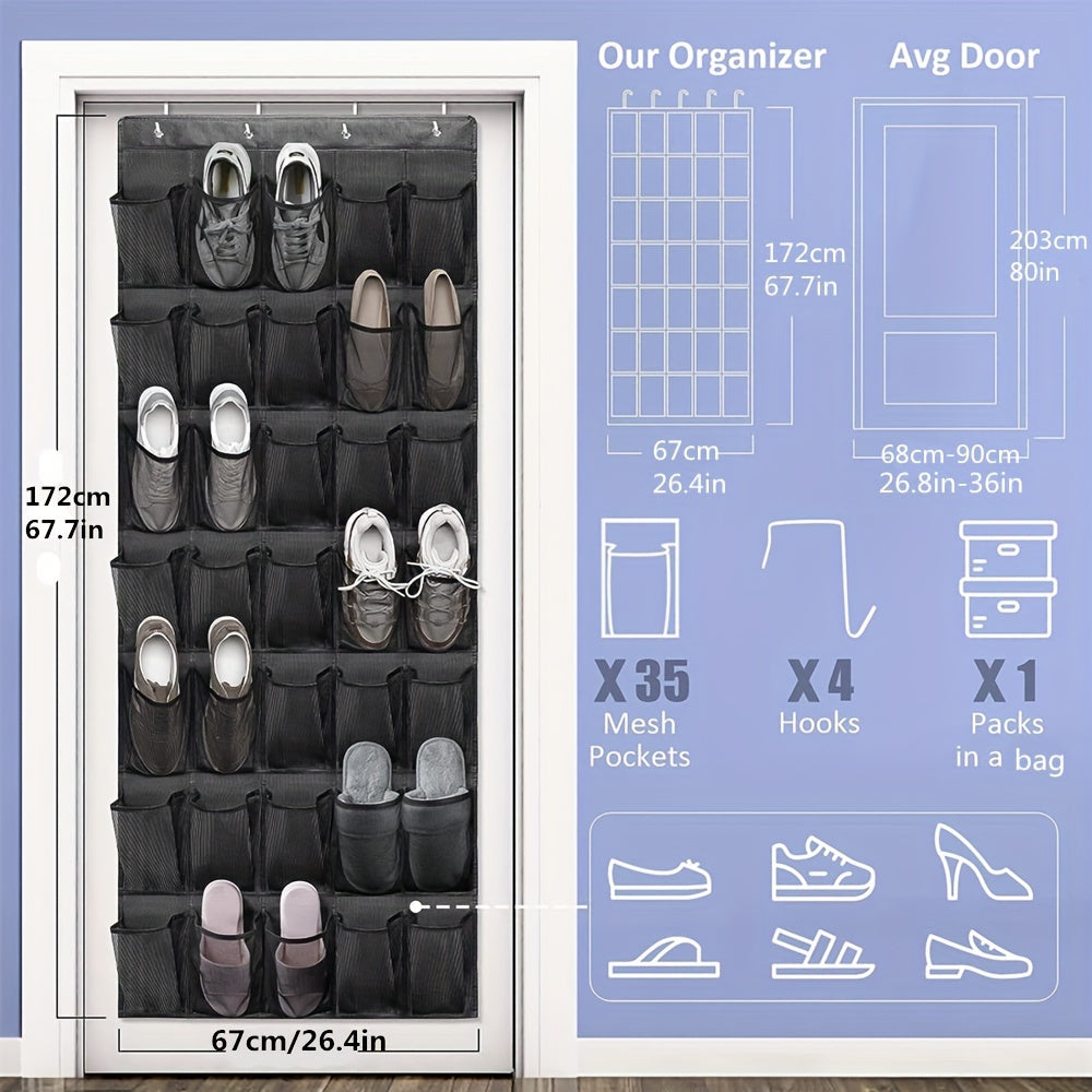 Organize your shoes with ease using the 35-Pocket Over-the-Door Shoe Organizer. This hanging canvas shoe storage solution comes with 4 metal hooks, making it perfect for saving space in your home, kitchen, or closet.