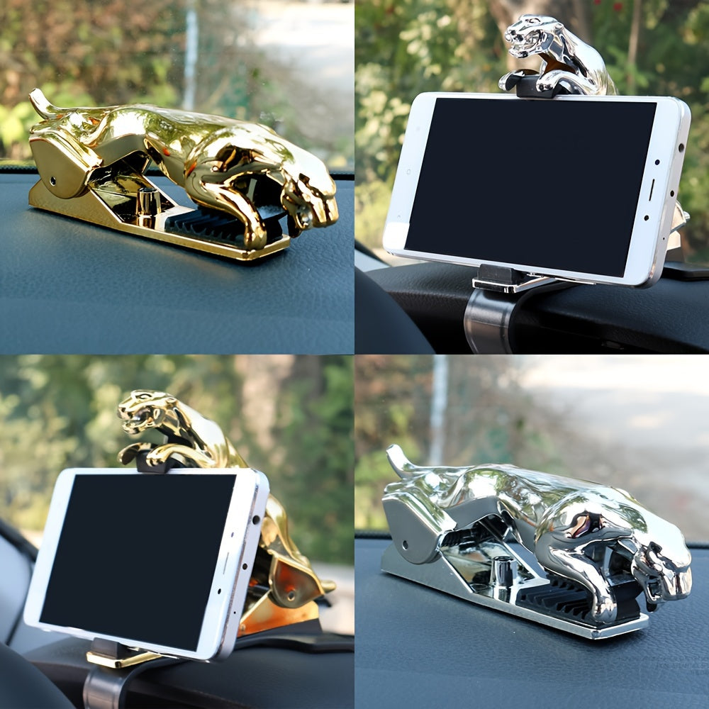 A versatile dashboard clip for the car, combining a phone holder and navigation stand, designed as a golden leopard.