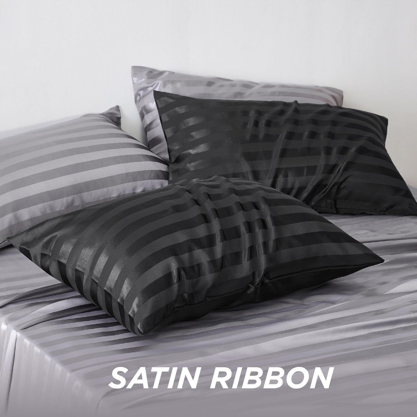 Set of 2 Striped Satin Pillowcases for Hair and Skin, Queen Size, Silky Pillow Covers with Envelope Closure, 2 Pack