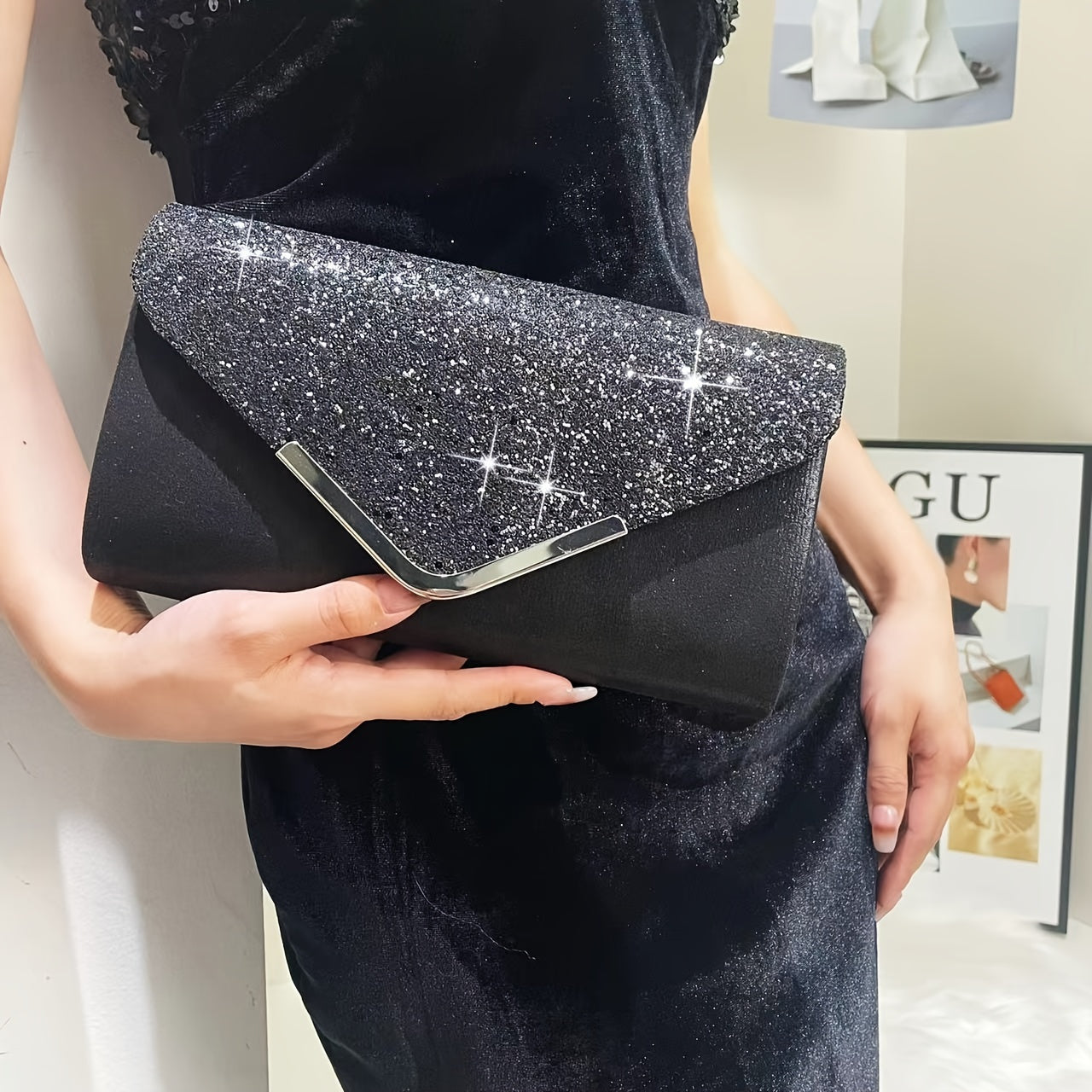 Luxurious metal-adorned evening bag for weddings and parties.