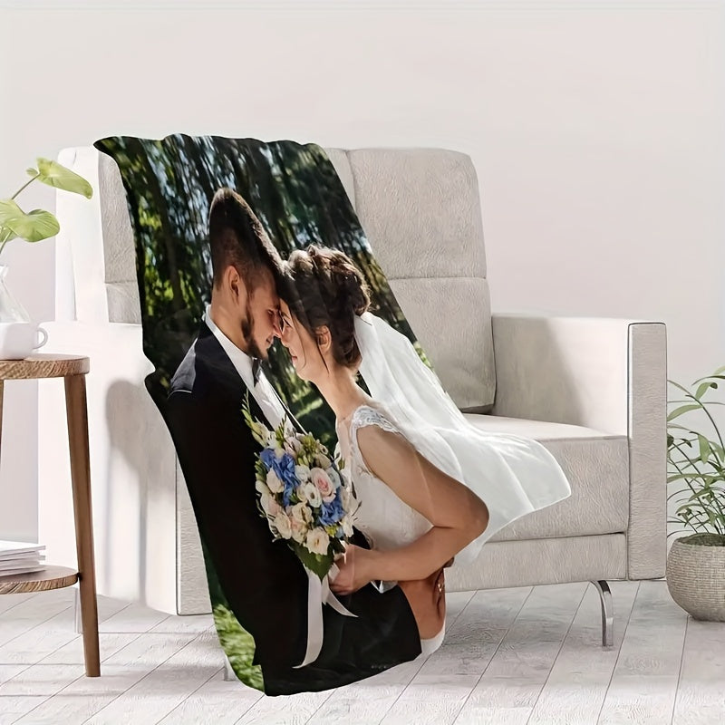 Get cozy with a custom photo print flannel fleece blanket in a contemporary style. This all-season blanket is made from 200-250g polyester and features a digital print. Use it as a cozy bed throw or a perfect gift for home and kitchen decor.