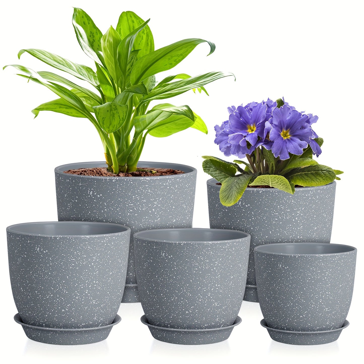 Self-watering planter set includes 5 durable plastic pots with drainage holes, ideal for indoor/outdoor use with succulents, snake plants, and African violets (plants not included).