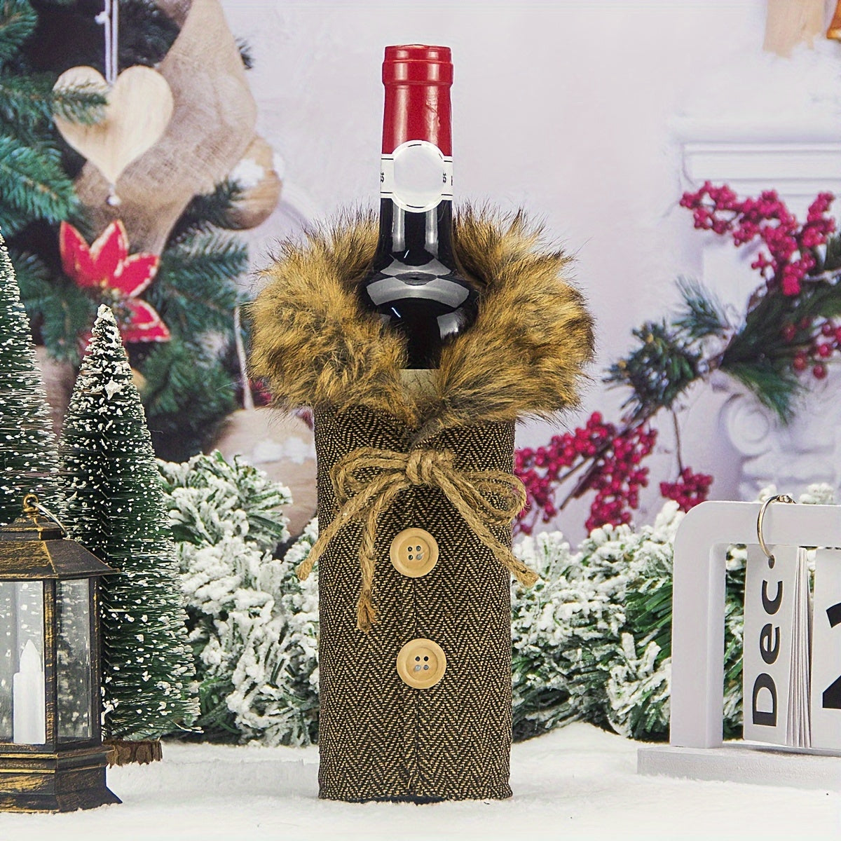 Christmas Wine Bottle Set with Denim Burlap and Bow Decoration - Perfect for European and American Style Homes