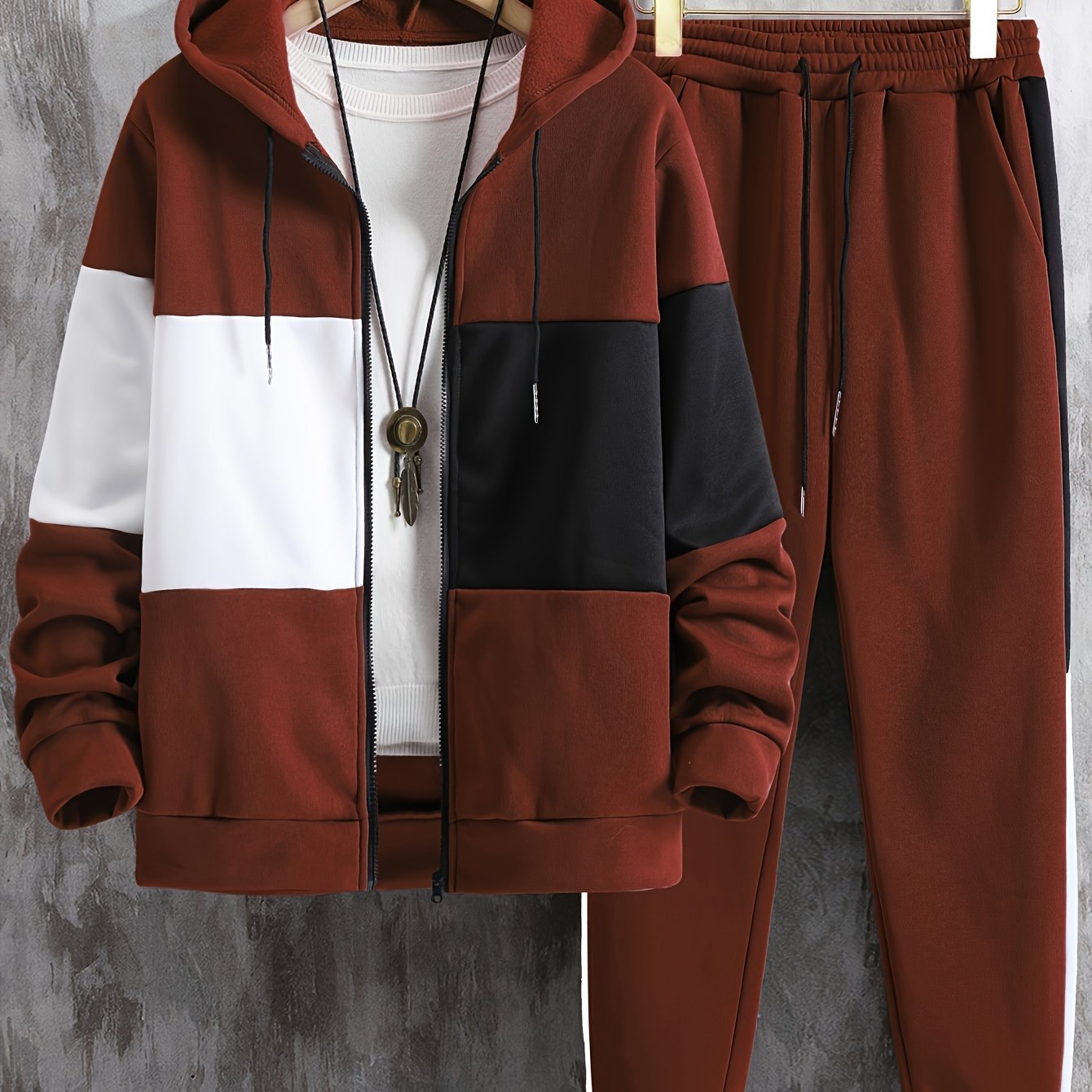 Men's Color Block Zip-Up Hoodie & Drawstring Joggers Set - Perfect for Fall/Winter Outdoor Activities, Machine Washable Casual Knit Fabric