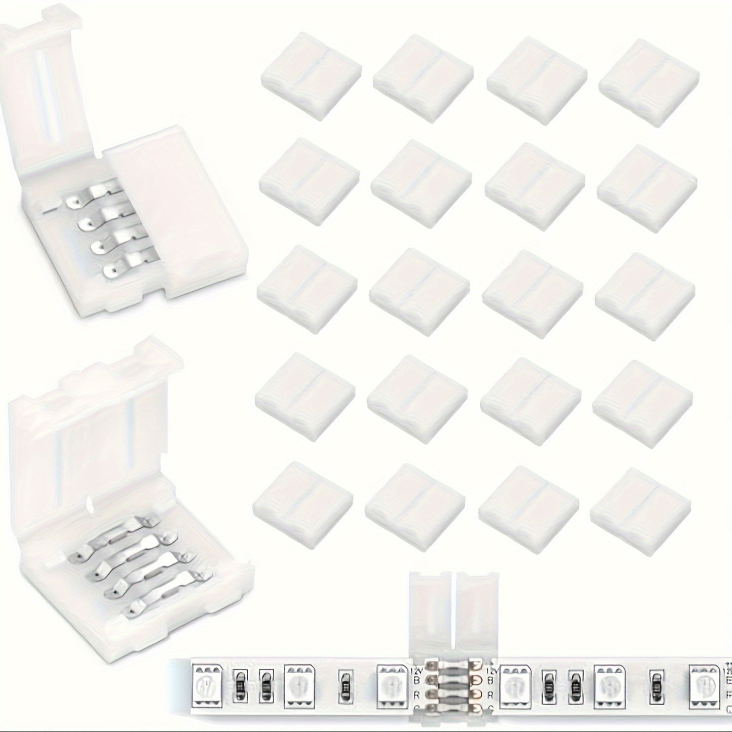 20 4-pin LED strip connectors for easy, solderless connection and disconnection of 10mm wide SMD 5050 RGB light strips. Adjustable with no power connection required. Ideal for strip lights.