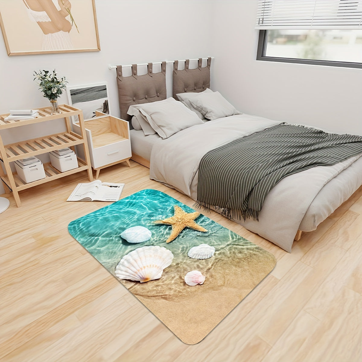 Bright 3D Print Non-Slip Bath Rug made of Sponge Foam and Durable Flannel Material, featuring a Seashell Print design. Perfect for use in the Laundry Room and Kitchen, with Beach Starfish and Scallop Decor.