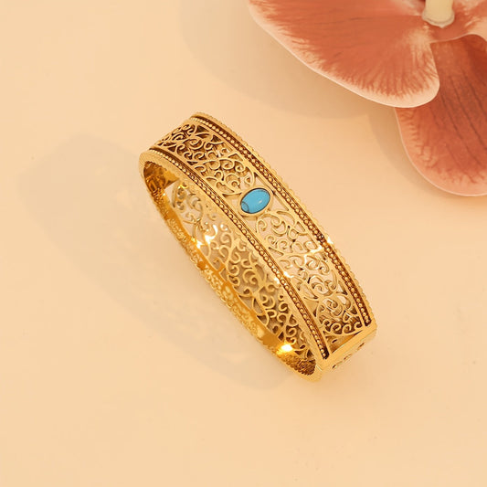 1pc of Vintage Style 18K Golden Plated Stainless Steel Bracelet featuring Turquoise Inlay and Hollow Pattern Design, specially designed for women as a Daily Wear Jewelry piece. This bracelet is the perfect Valentine's Day Gift.