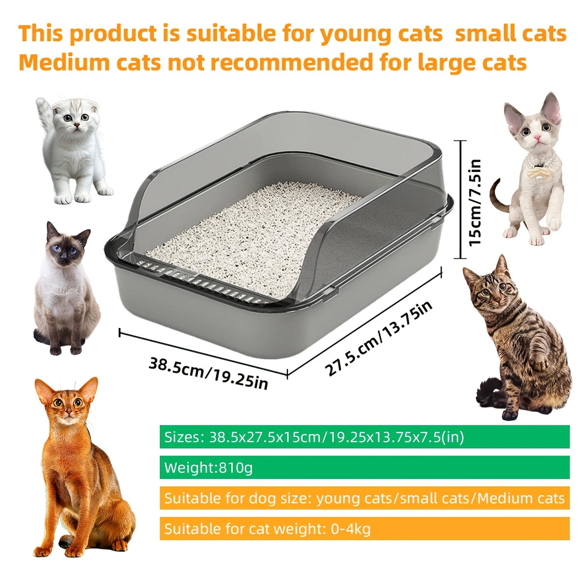 Three-piece high-quality plastic cat litter box with shovel, easy for cats to enter and exit, square high edge design for easy cleaning.