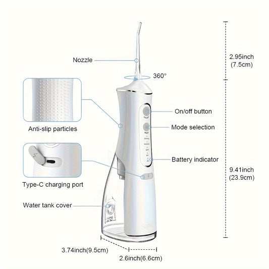 Cordless water flosser with 4 cleaning modes, USB rechargeable, 1500mAh battery, travel-friendly.