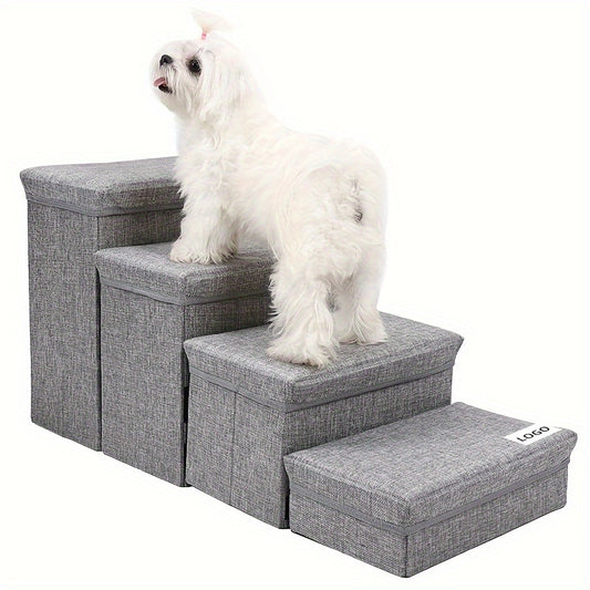 Small dog 4-tier folding stair in grey, for tiny and small breed dogs.