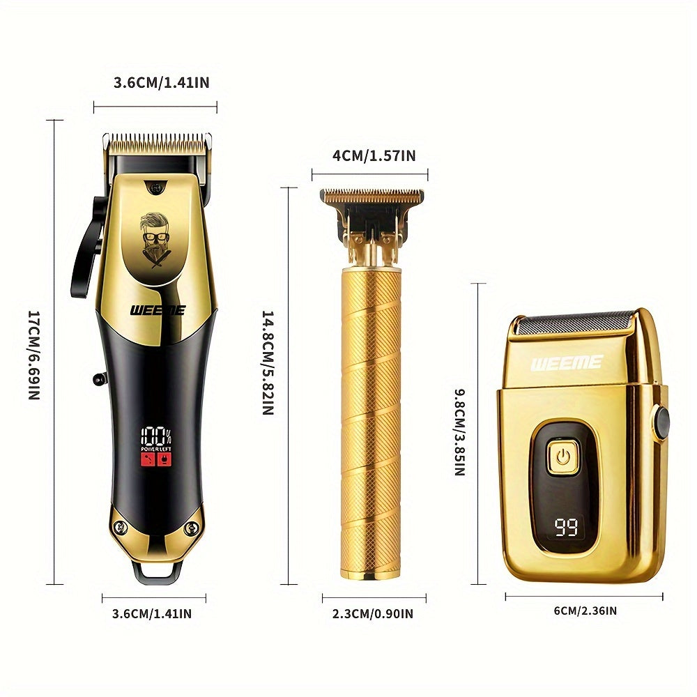 Golden hair cutting set for men includes professional clipper, razor, and trimmer. USB rechargeable with LCD display. Perfect gift for fathers, boyfriends, Father's Day, birthdays, and