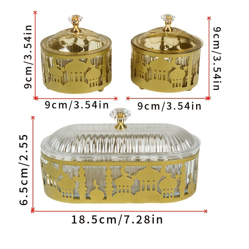 Set of 3 elegant metal Ramadan trays with castle pattern engraving and paint finish. Multi-purpose desktop decor with snap closure, perfect for festive occasions and jewelry organization.